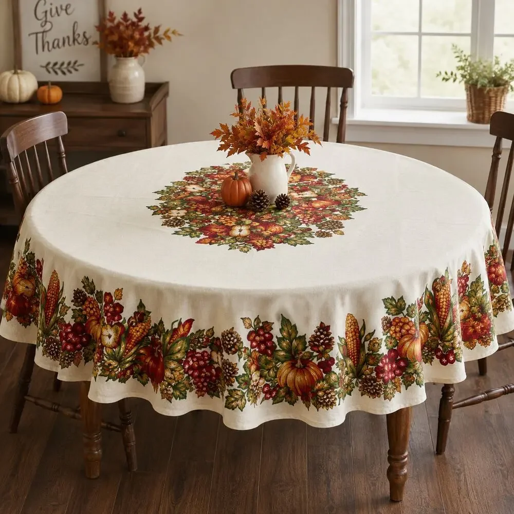 Thanksgiving Fall Tablecloth Round Autumn Harvest Pumpkin Cotton Blend 70 Inch